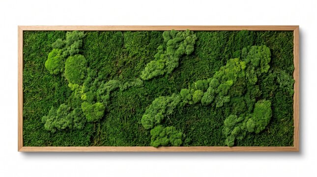 Preserved green moss wall art in wooden frame, vertical garden interior decor, natural stabilized moss panel for office isolated PNG with Transparent Background