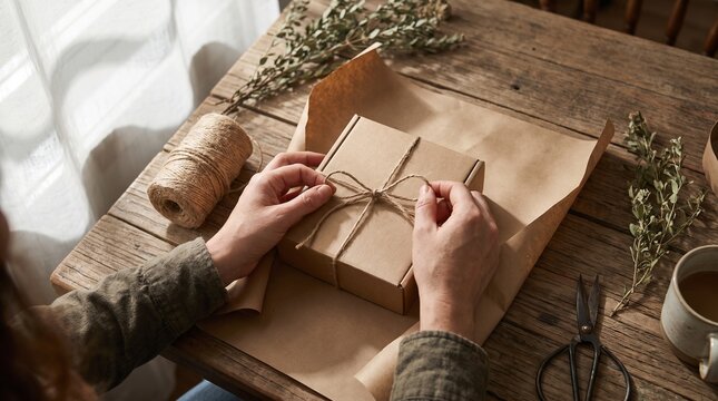 Hands tying a bow on a kraft paper gift box with twine on a rustic wooden table