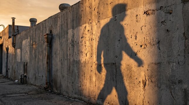 Man walking casting shadow on concrete wall at sunset