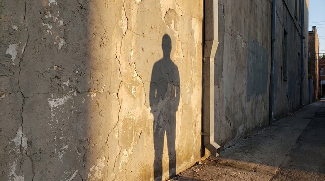 Shadow of a person cast on a textured concrete wall in an alleyway