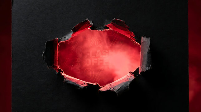 Torn black paper revealing glowing red light and smoke