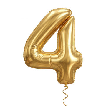 Palloncino gonfiabile a forma di numero quattro in lamina d'oro lucida isolato su sfondo bianco, ideale per decorazioni di compleanni, anniversari, celebrazioni festive e design di eventi speciali.