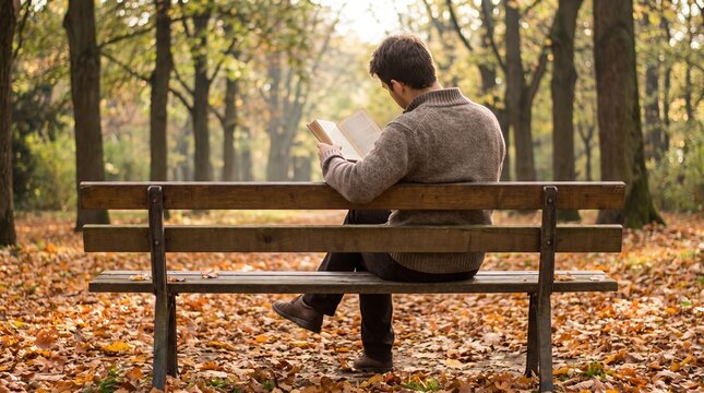 Man reading a book on a park bench surrounded by autumn leaves