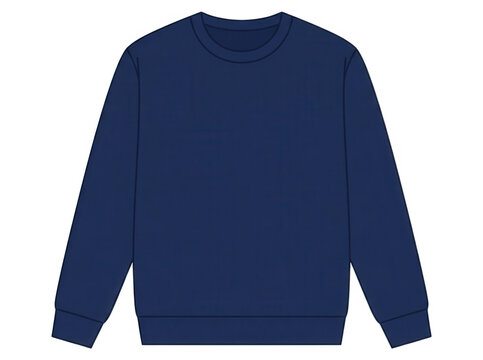 Felpa girocollo blu scuro a tinta unita, design minimalista con maniche lunghe e polsini a coste, capo di abbigliamento casual versatile isolato su sfondo bianco per mockup di design grafico.