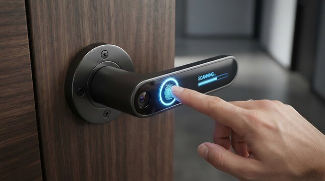 A person using a fingerprint scanner on a modern smart door handle for home security.