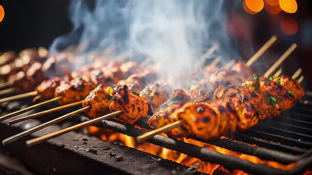 Marinated chicken skewers cooking on a hot barbecue grill with smoke and glowing embers