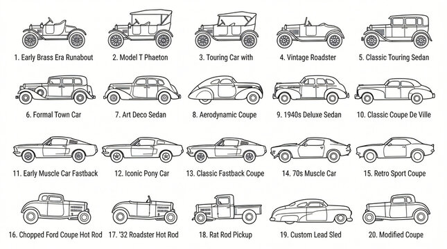 Vintage Retro Car Body Shape Line Art Doodle Element Set Hand Drawn Antique Phaeton Old Fashioned Fastback Hot Rod Silhouette Side Profile View Contour Black White Flat Strictly Textless
