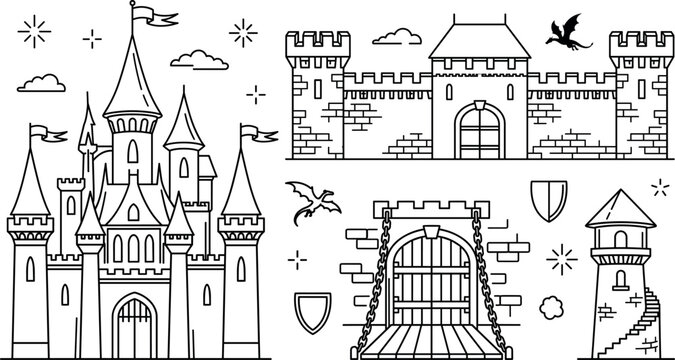 Medieval fairytale castle vector set with fortress gates drawbridge towers dragon silhouettes and shields in linear outline style.