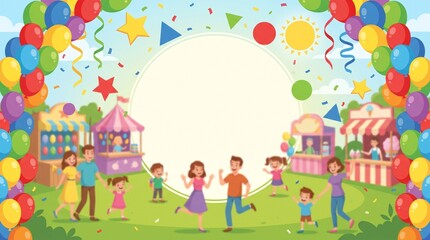 Fototapeta premium Happy Birthday Party Card with Colorful Balloons, Cute Cartoon Children and Joyful Family Celebration, Fun Childhood Illustration for Kids, School and Holiday Designs