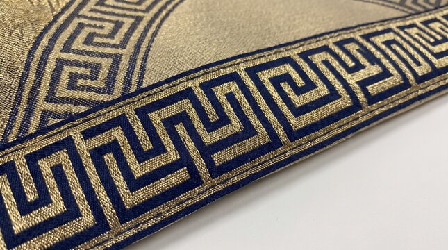 Close up of luxury gold and blue fabric with embroidered Greek key meander pattern border