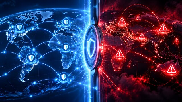 Digital firewall barrier dividing secure world map with shields and vulnerable side with red cyber threat alerts