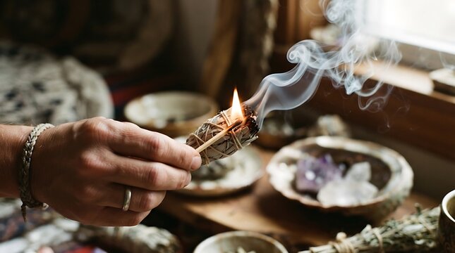 A hand holding a burning sage smudge stick with smoke rising in a spiritual setting.