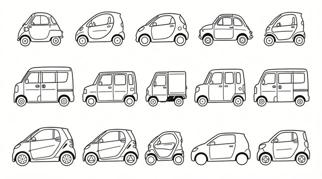 Microcar Subcompact Kei Car Body Type Line Art Doodle Graphic Collection Hand Drawn City Two Seat Boxy Electric Smart Commuter Side Profile View Minimal Line Strictly Textless White Stock