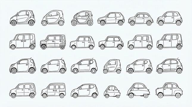 Microcar Subcompact Kei Car Body Type Line Art Doodle Graphic Collection Hand Drawn City Two Seat Boxy Electric Smart Commuter Side Profile View Minimal Line Strictly Textless White Stock