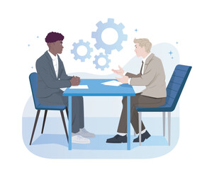 Obraz premium Two businessmen discussing documents across office table, professional negotiation, partnership, consultation and corporate agreement concept, vector illustration