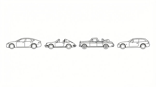 Rare Unique Car Body Type Line Art Doodle Collection Hand Drawn Liftback Targa Top Landaulet Shooting Brake Silhouette Side View Profile Flat Outline Style Strictly Textless White Asset