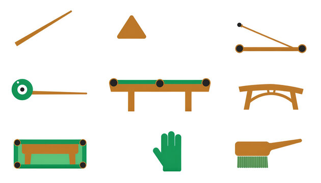 Billiard equipment icon set with cue stick rack table ball and bridge