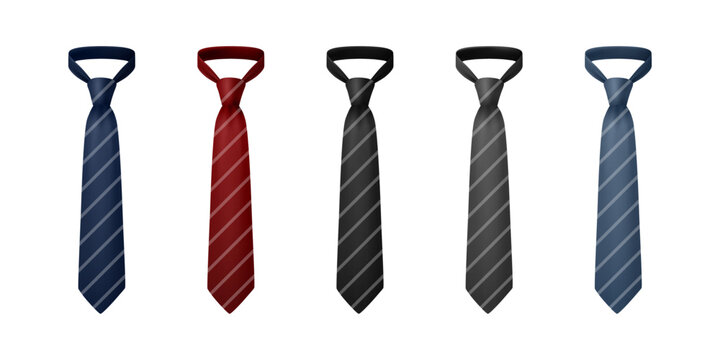 Tie Set, 3d Vector Illustration. Striped Tie Set. Necktie Collection in Blue Red Black Gray and Light Blue. Mens Tie, Business Tie Illustration for Office, Dress Code, Menswear, Fathers Day Design
