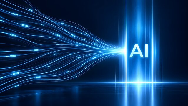 Artificial intelligence text connected to bundle of glowing fiber optic cables representing rapid data processing