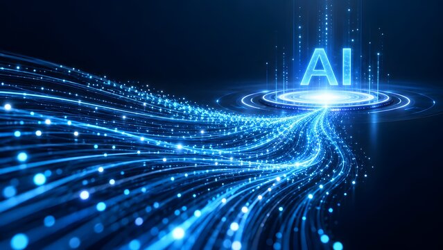 Artificial intelligence text on glowing futuristic platform surrounded by flowing data streams and light particles
