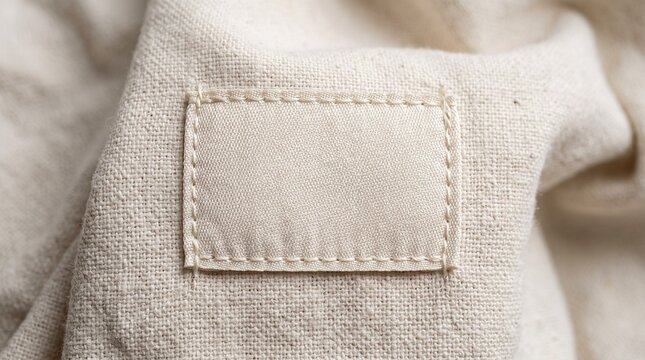 Blank fabric clothing label sewn on beige cotton textile mockup for organic brand identity design concept