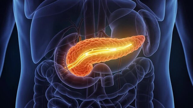 3D medical animation of a glowing orange human pancreas located within the digestive system showing the stomach and intestines