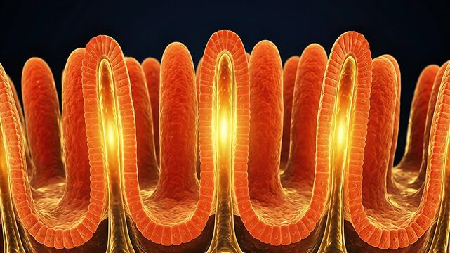 3D medical illustration of intestinal villi showing the microscopic structure of the small intestine lining for nutrient absorption