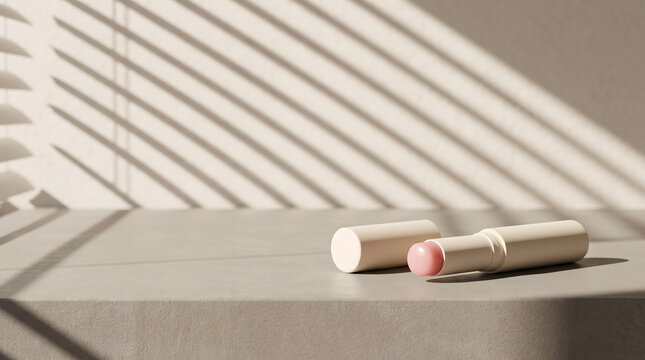 Beige Lip Balm Tube with Pink Bullet on Concrete Surface with Venetian Blind Shadow Pattern