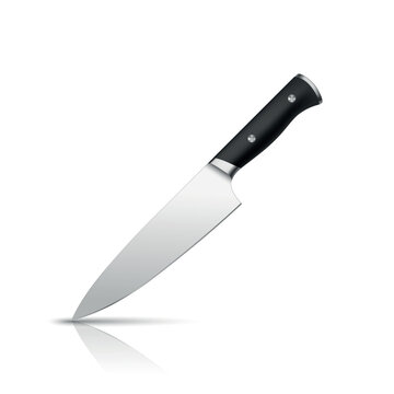 Chef Knife, 3d Vector Illustration. Kitchen Knife, Cooking Knife Isolated. Sharp Stainless Steel Blade with Black Handle for Cutting, Chopping, Slicing, Food Preparation and Culinary Design