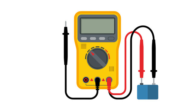 Yellow digital multimeter with probes testing electrical component isolated on white background