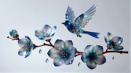 Fototapeta premium Blue bird flies above delicate, translucent blue flowers with dewdrops hanging.