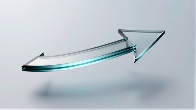 Transparent glass arrow pointing upward, sleek design against minimalist background.