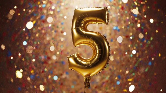 Birthday balloon shape number five, golden letter figure 5 on celebration background AI Generative