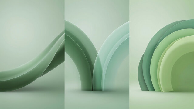 Abstract green backgrounds with soft wavy curves and layered arch shapes in pastel tones