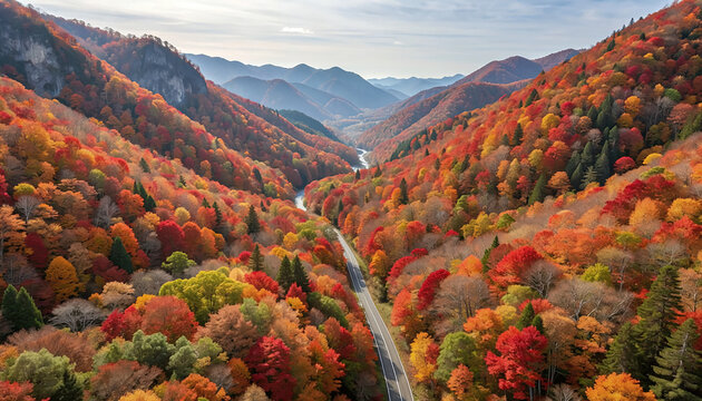 Aerial View of a Winding Road Through Vibrant Autumn Forest Mountains Generative AI