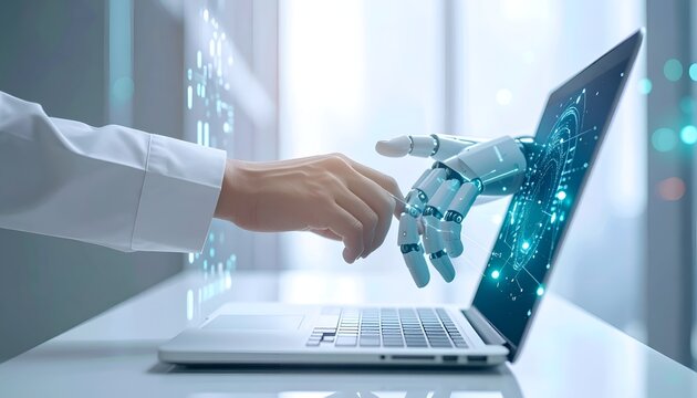 Human and robotic hands reaching toward each other beside a laptop, symbolizing artificial intelligence, human-machine collaboration, digital innovation, and the future of technology.