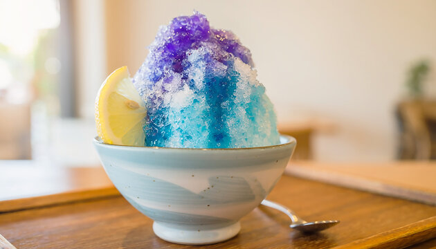Blue and Purple Shaved Ice with Lemon Slice Generative AI