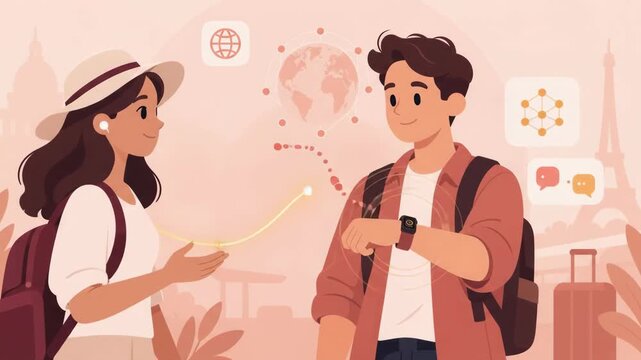 Two travelers communicating using smart watch translation technology