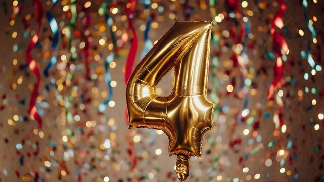 Birthday balloon shape number four, golden letter figure 4 on celebration background AI Generative