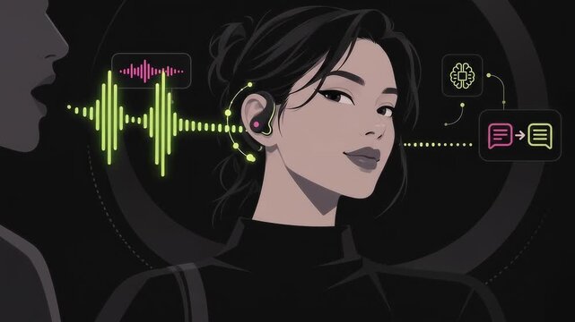 Animated vector illustration of wearable technology earbud translating