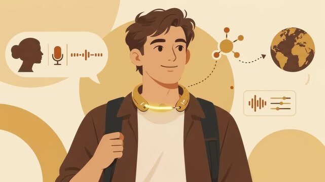 Animated illustration of a man wearing a smart audio translation