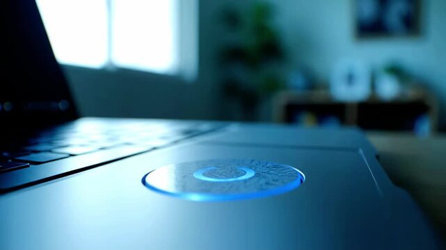 Blue glowing sensor on metallic laptop surface.