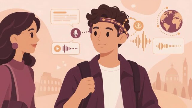 Woman speaking to man wearing smart translation headband vector