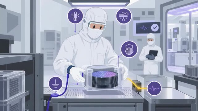 Technician in cleanroom handling semiconductor silicon wafers in