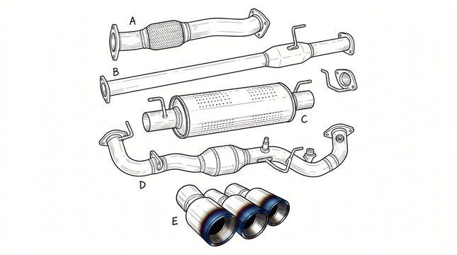 Performance Car Exhaust Upgrade Line Art Doodle Illustration Bundle Hand Drawn Titanium Downpipe Mid Pipe High Flow Resonator Quad Tip Contour White Background Strictly Textless Zero Words
