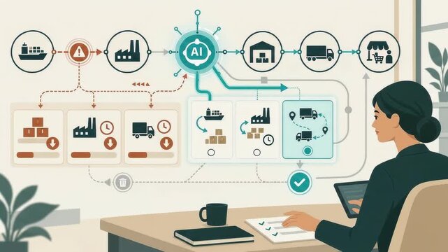 Businesswoman interacting with artificial intelligence supply chain