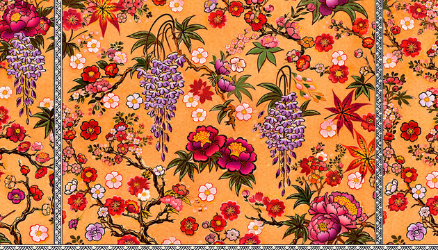 Japanese Traditional Floral Pattern with Wisteria and Peony Generative AI