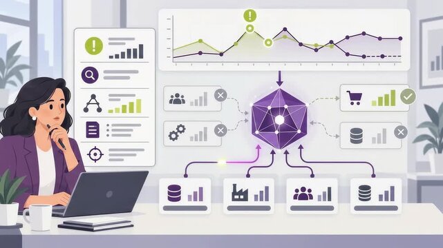 Woman analyzing business intelligence data charts and graphs animation