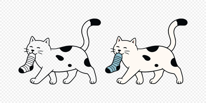 Cat with Sock Vector Illustration. Funny Cat Carrying Sock, Cute Pet Walking with Blue Sock in Mouth. Black and White and Colored Kitty Illustration for Animal Design, Sticker, Nursery, T-Shirt