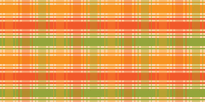 Colorful autumn plaid pattern featuring orange, green, yellow, and cream stripes with layered woven texture, creating a cheerful seasonal background for textiles, packaging, wallpaper, and prints.